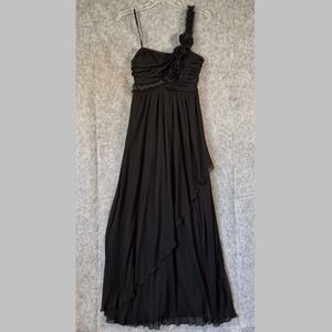 Vintage Intrigue One Shoulder Long Dress Size 11‎ Black Sheer Flowers Bridesmaid